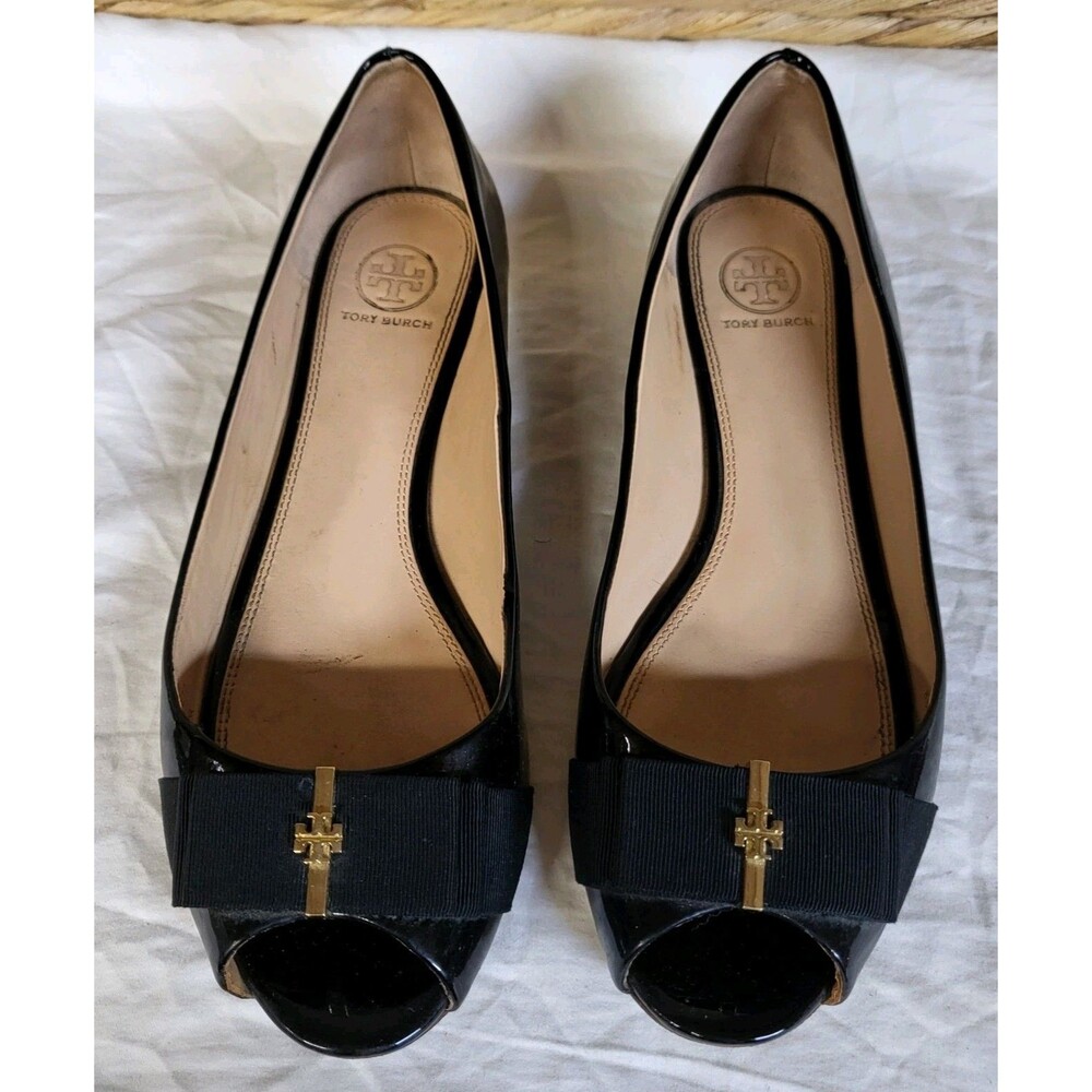 TORY BURCH Shoes Womens 8.5 Black Patent Leather Peep Toe Flats S/N 43093
